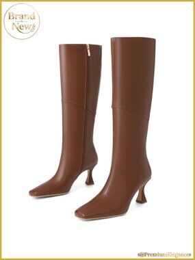 Kitten Heel Knee High Boots Faux Leather Square Toe Tall Boots